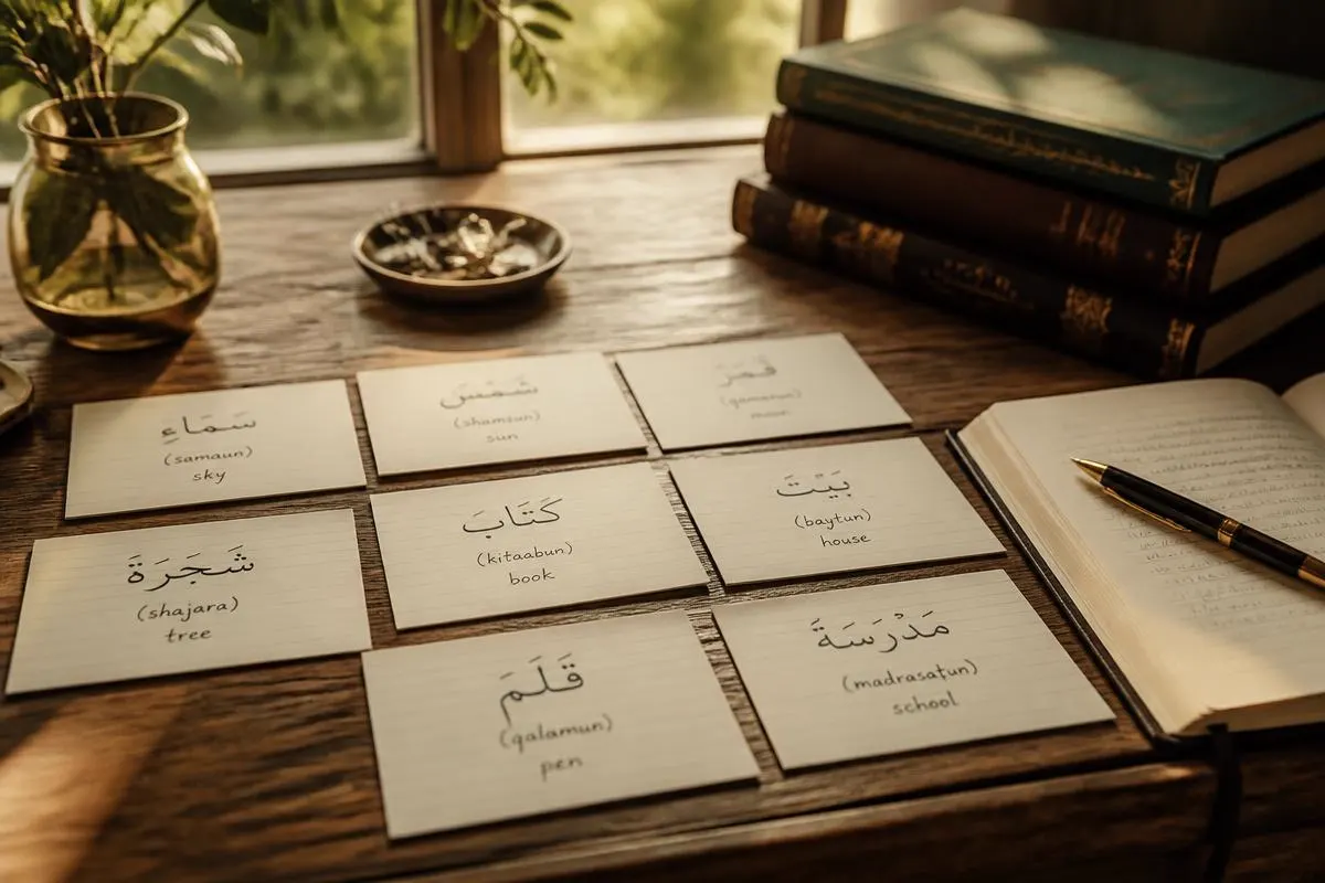 Arabic vocabulary flashcards laid out on a wooden desk beside an open notebook