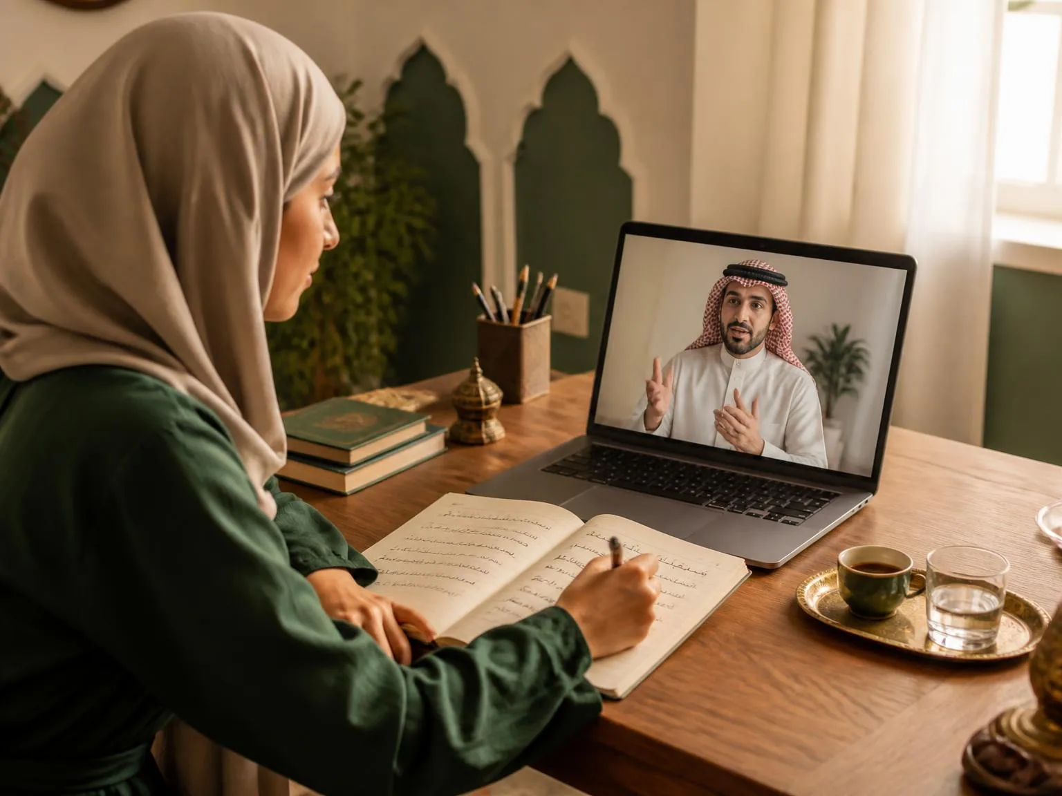 Adult learner taking an online one-on-one Arabic lesson, writing in a notebook while her teacher appears on the laptop screen