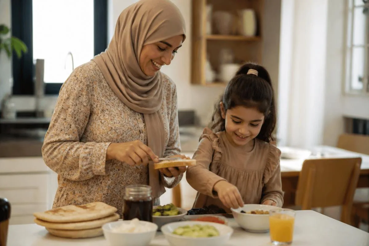 An Arab mother and her young daughter preparing breakfast together in a bright family kitchen