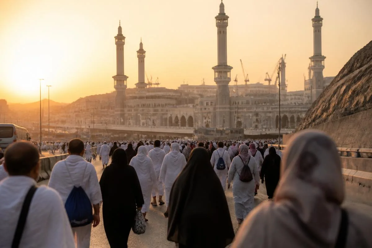 Pilgrims walking towards the Grand Mosque in Makkah at golden hour