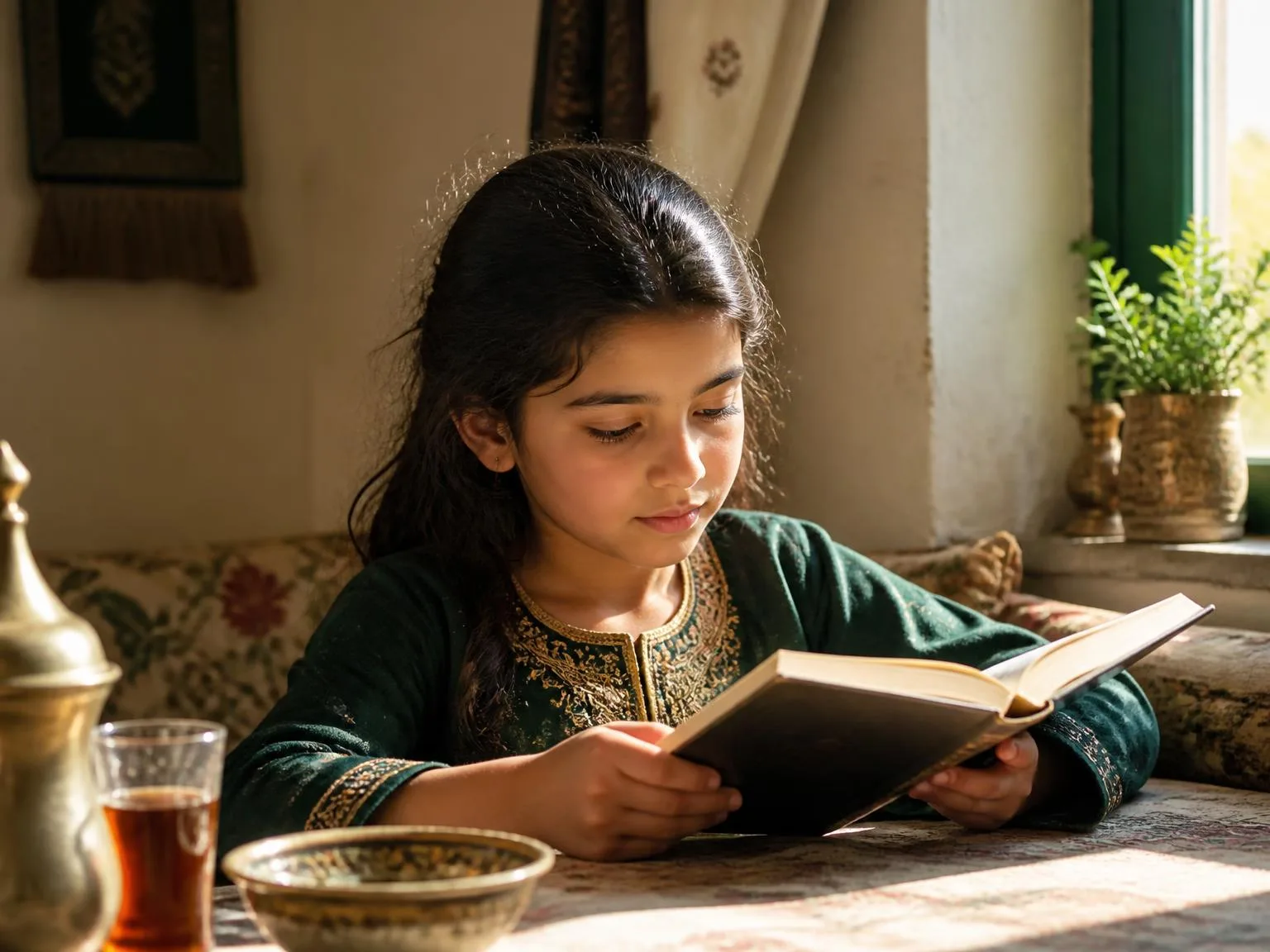A young girl reading an Arabic story book by a sunlit window in a warm traditional home