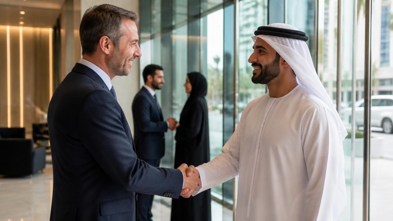 Expat professional greeting an Emirati colleague in a Dubai office lobby