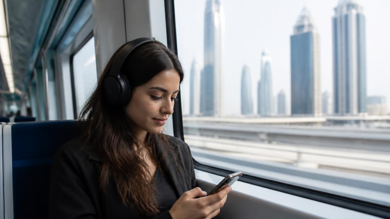 Commuter listening to Gulf Arabic lessons on the Dubai metro