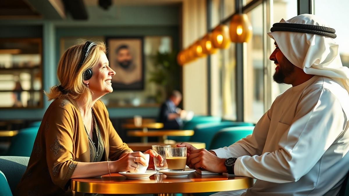 Expat and Emirati local having a friendly conversation in a Dubai cafe