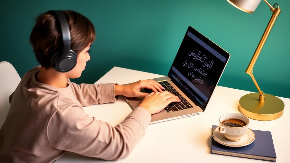 Learner studying Gulf Arabic online with headphones and a laptop