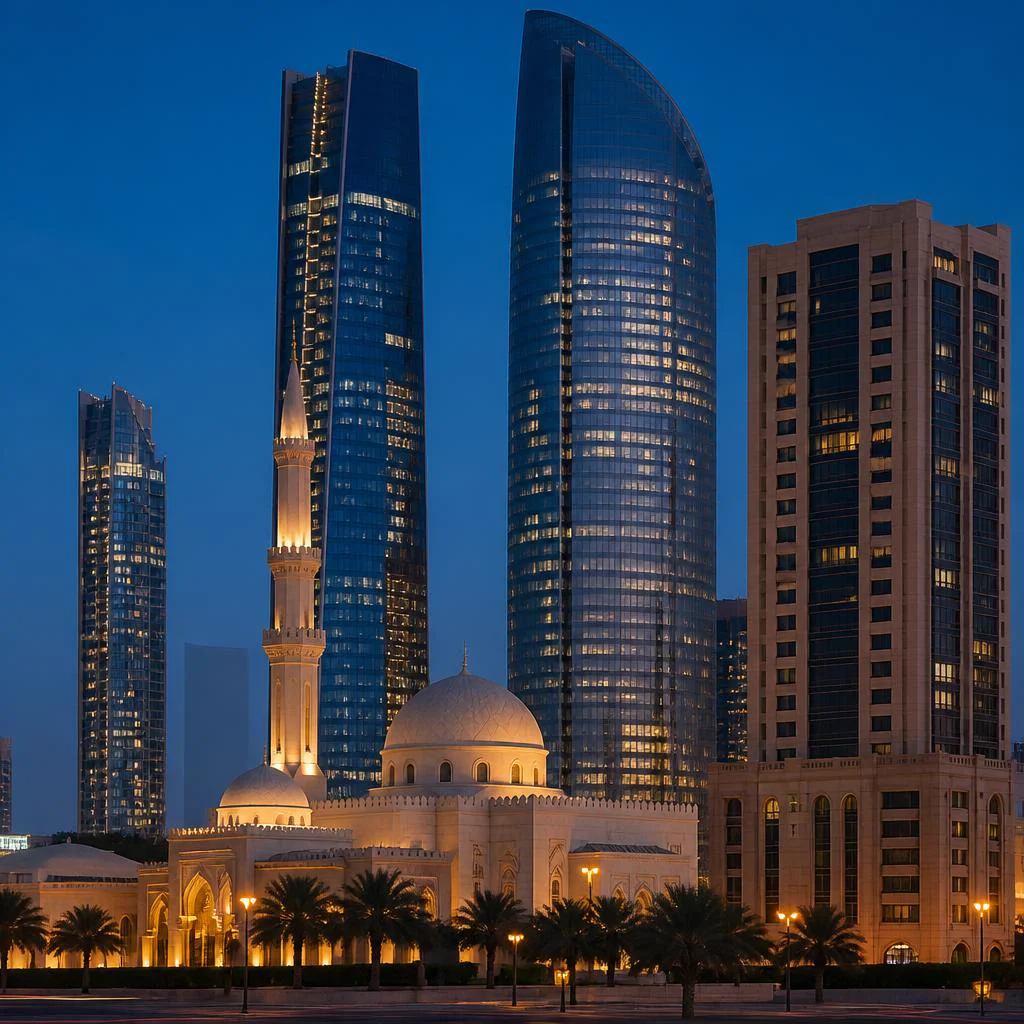 A modern Gulf Arab city at blue hour blending glass skyscrapers with a traditional mosque dome and minaret