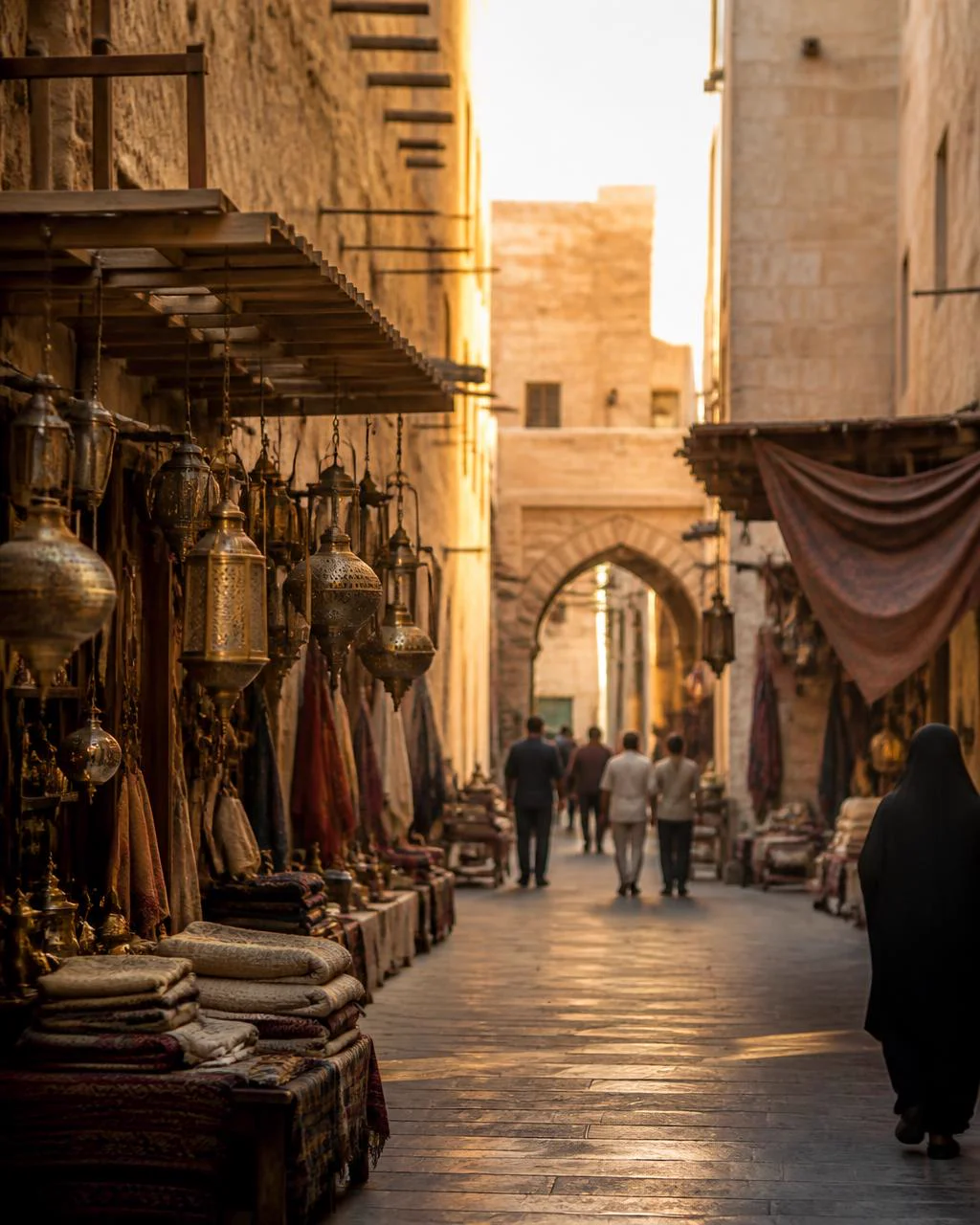 A traditional Arab souq market alley with warm sandstone walls, hanging textiles, and brass lanterns at golden hour